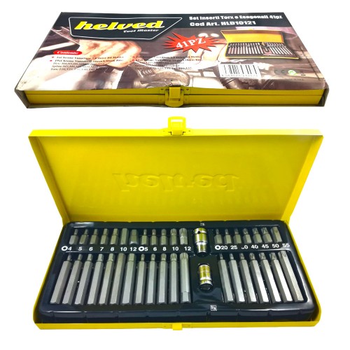 Kit Inserti Torx, Esagonali E Millerighe + 2 Adattatori 41 Pz. Cromo Vanadio Helved Hld10121